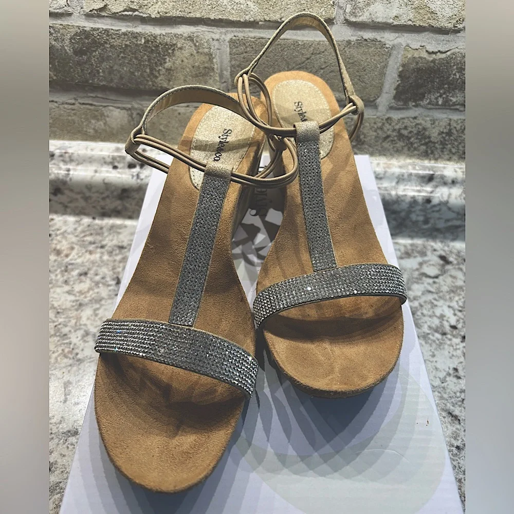 Style & Co Milano elegant sparkly rhinestone strappy wedge sandals, worn once - Picture 1 of 4